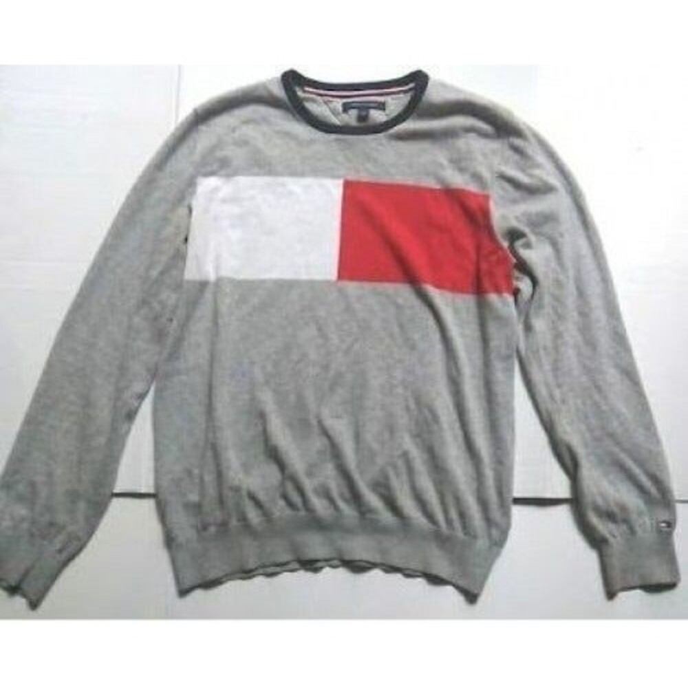 Classic Vintage Tommy Hilfiger Mens Color Logo Gray Pullover Light Sweater -Sz L